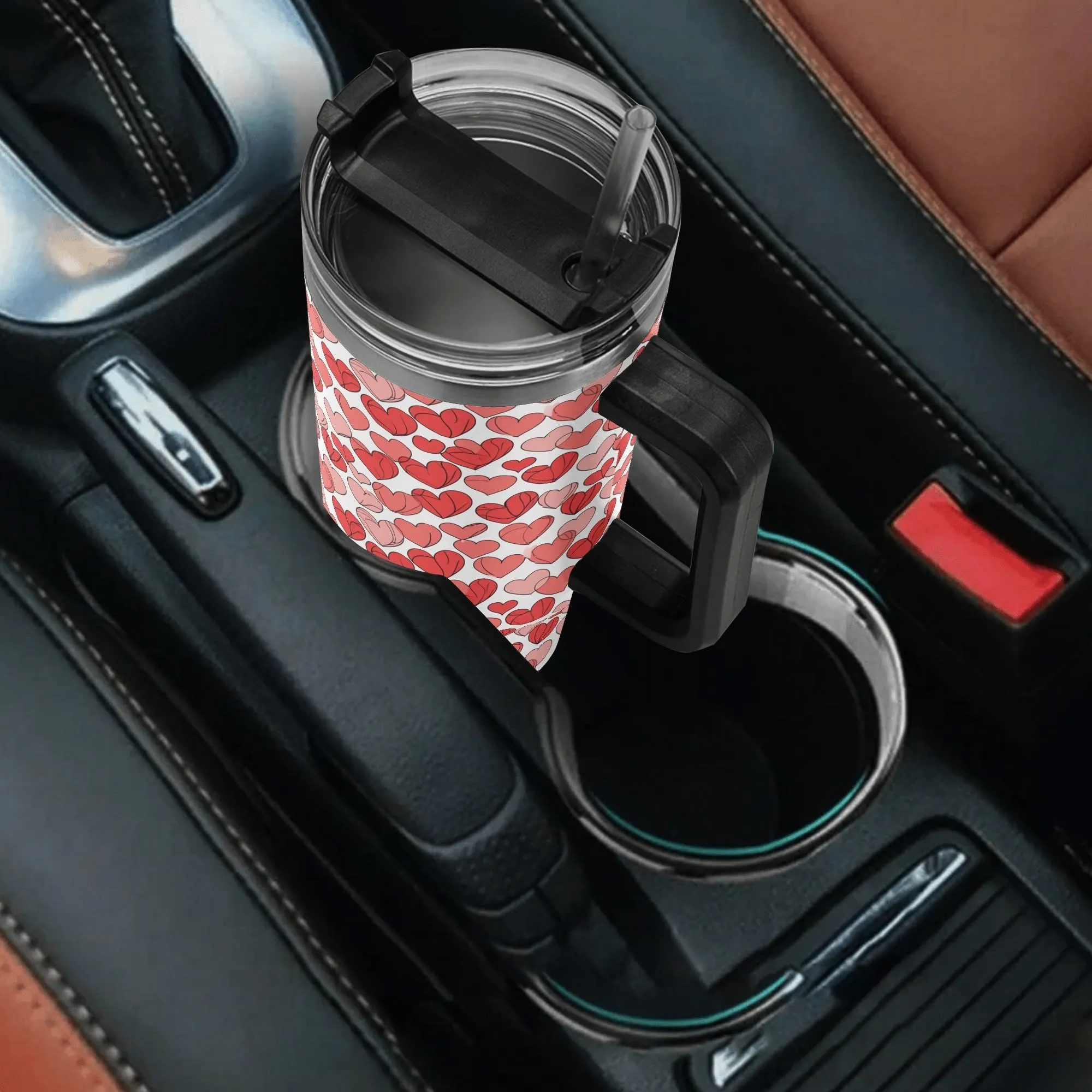 Red Little Hearts 40oz Stainless Steel Tumbler Gift With Black Handle and Straw