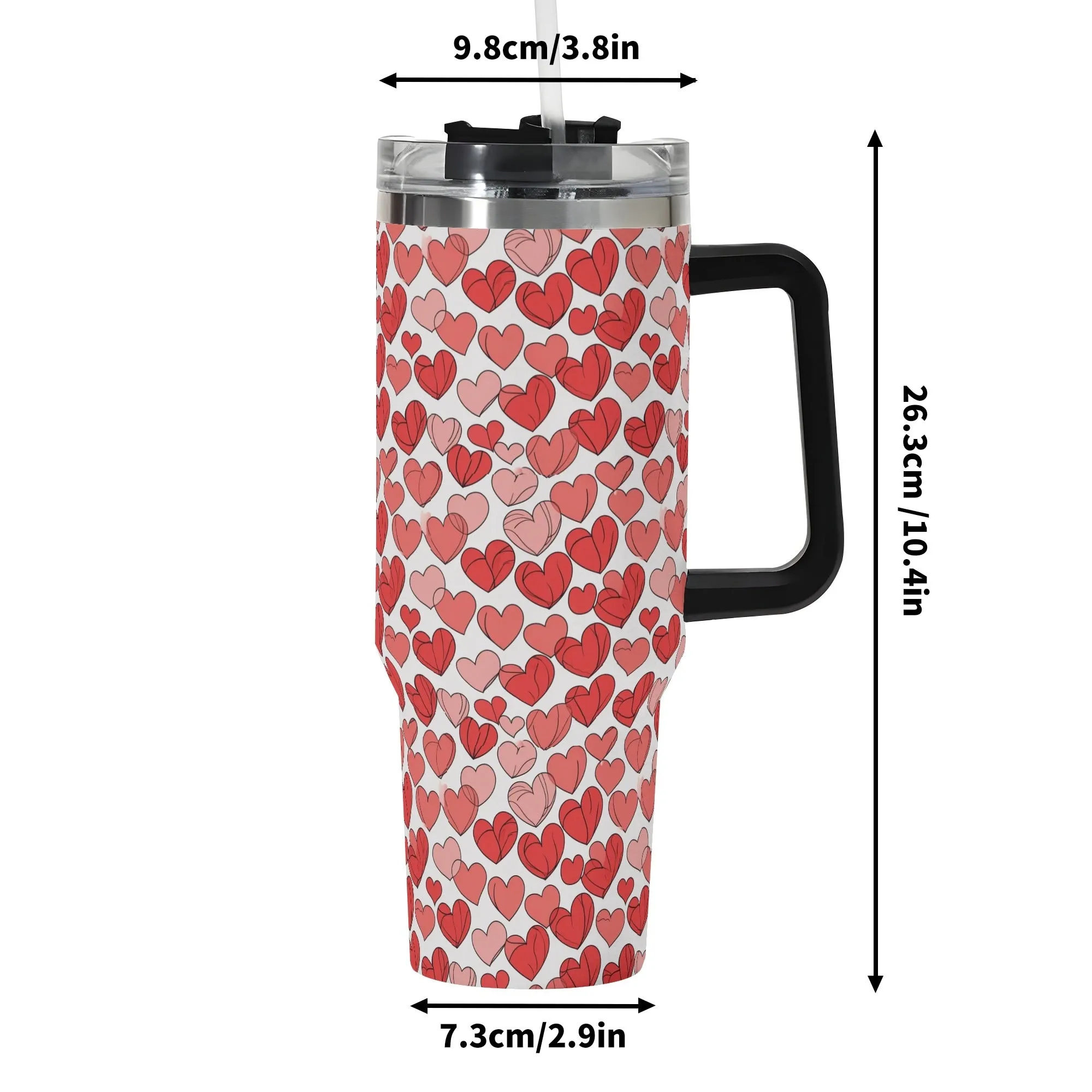 Red Little Hearts 40oz Stainless Steel Tumbler Gift With Black Handle and Straw