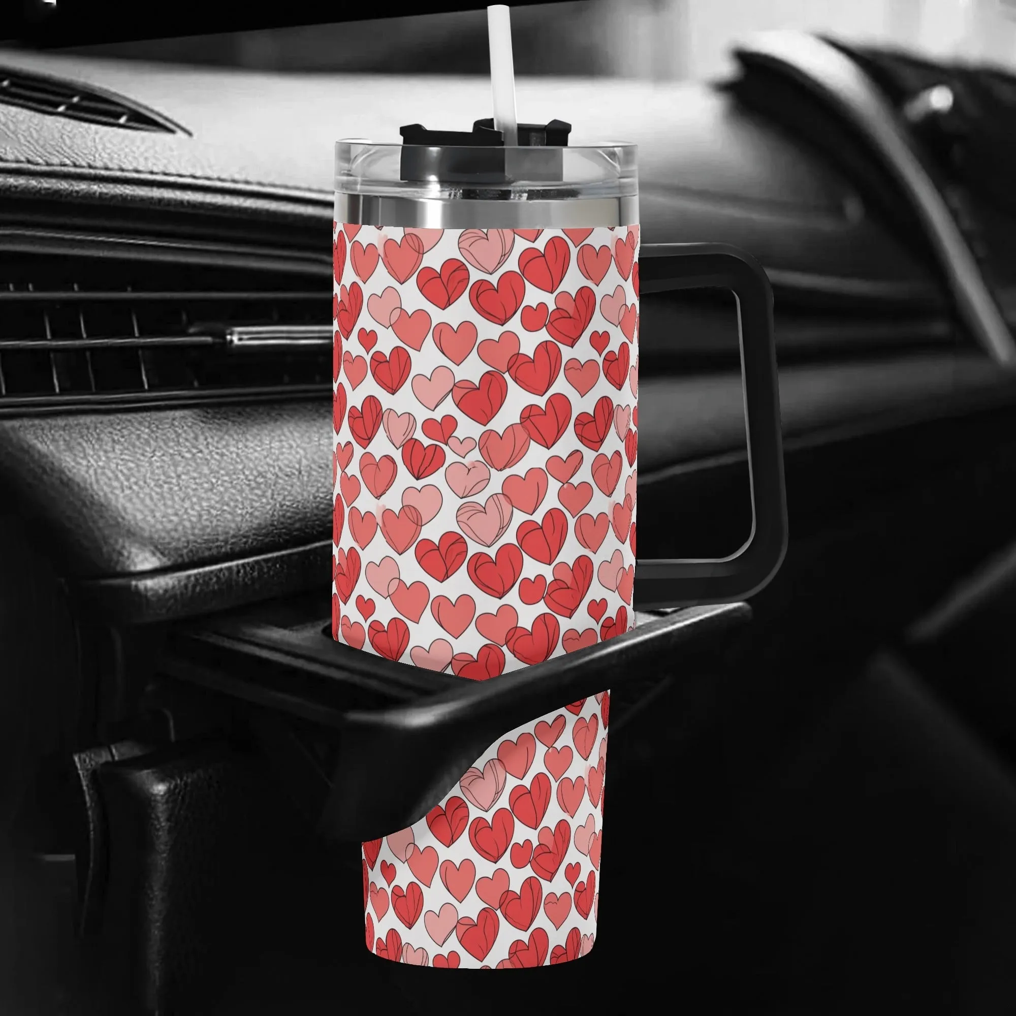 Red Little Hearts 40oz Stainless Steel Tumbler Gift With Black Handle and Straw