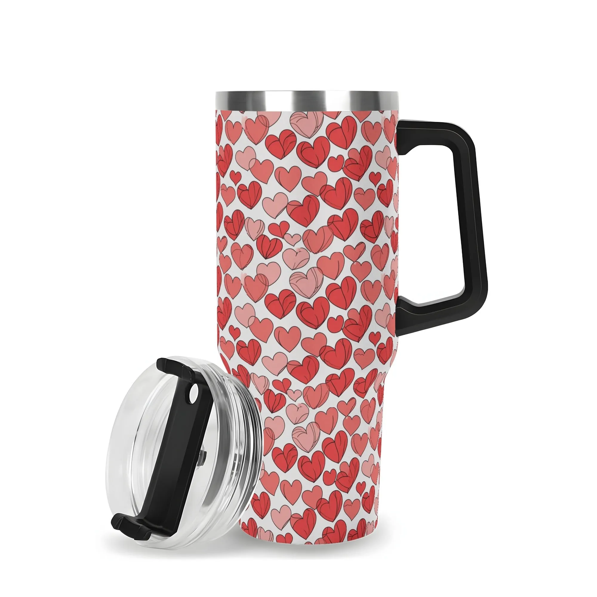Red Little Hearts 40oz Stainless Steel Tumbler Gift With Black Handle and Straw