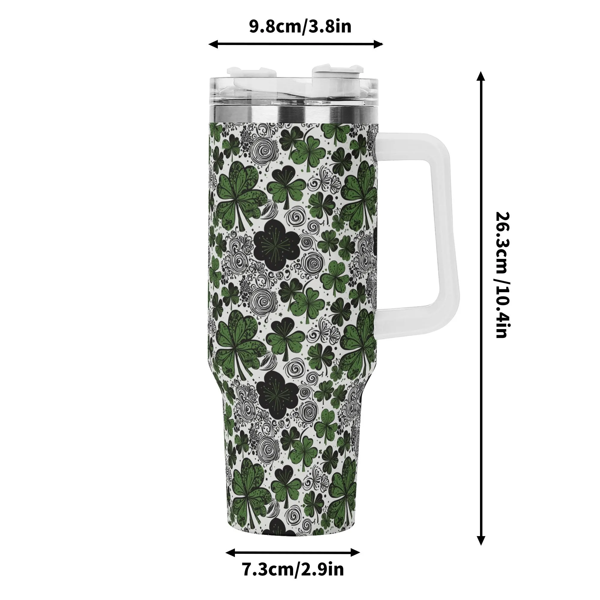 Scribbled Clover 40oz Stainless Steel Tumbler Gift With White Handle and Straw