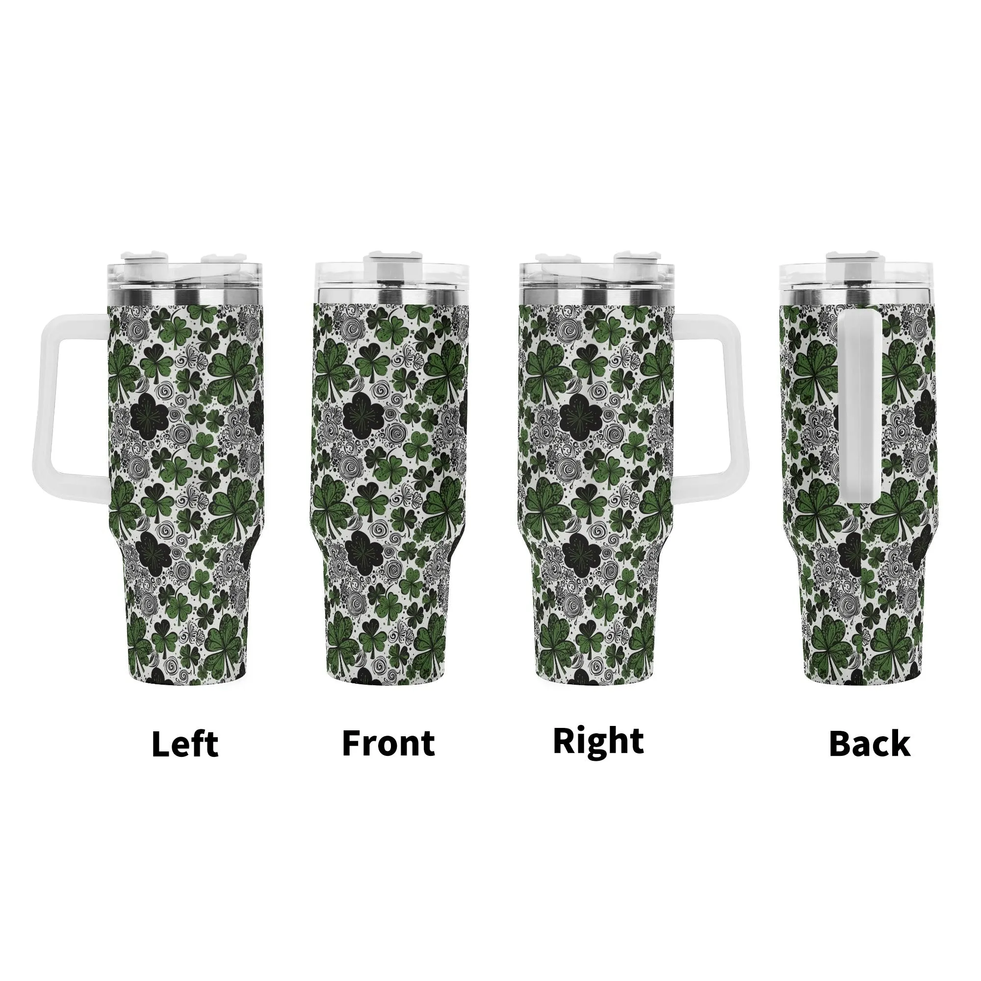 Scribbled Clover 40oz Stainless Steel Tumbler Gift With White Handle and Straw