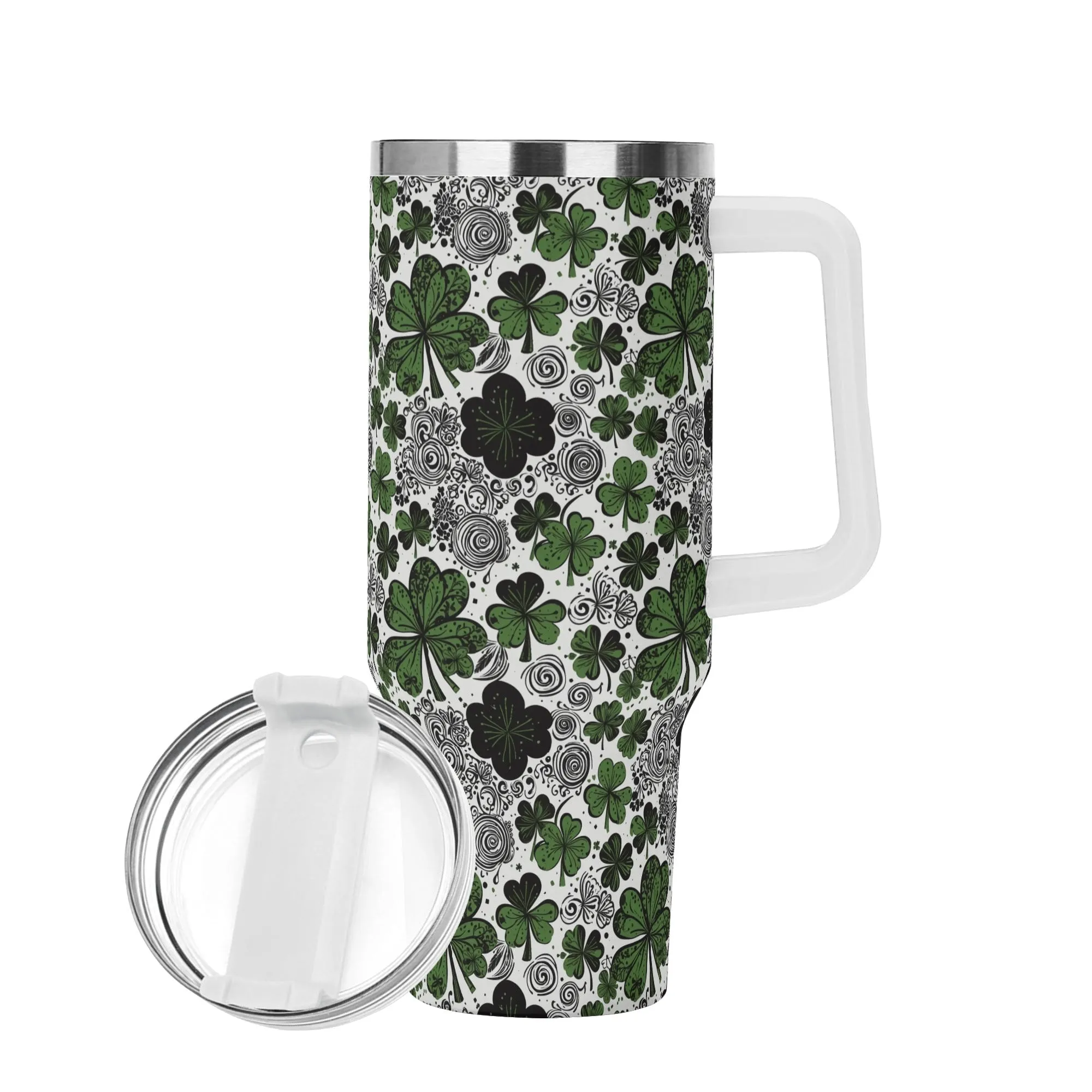 Scribbled Clover 40oz Stainless Steel Tumbler Gift With White Handle and Straw