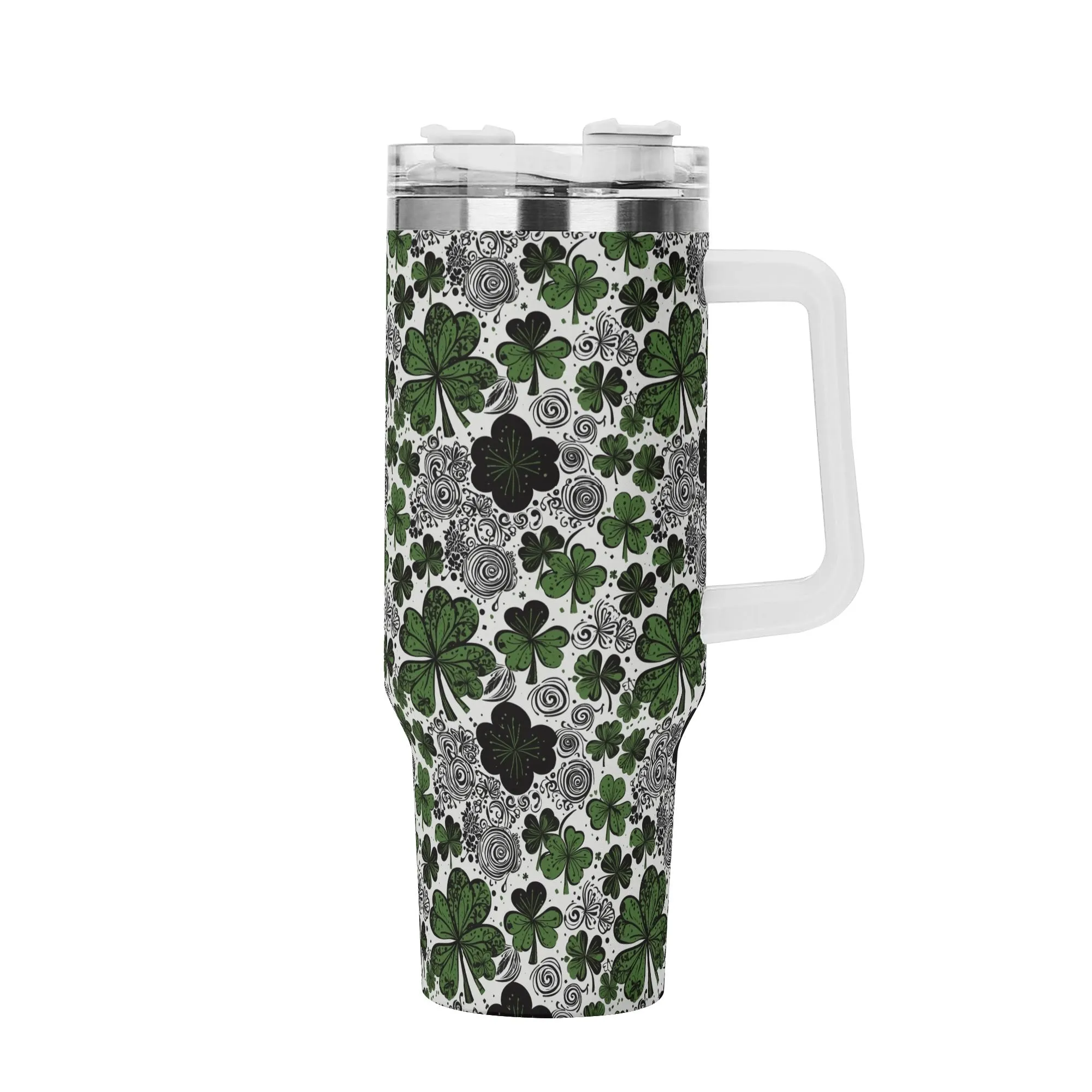 Scribbled Clover 40oz Stainless Steel Tumbler Gift With White Handle and Straw