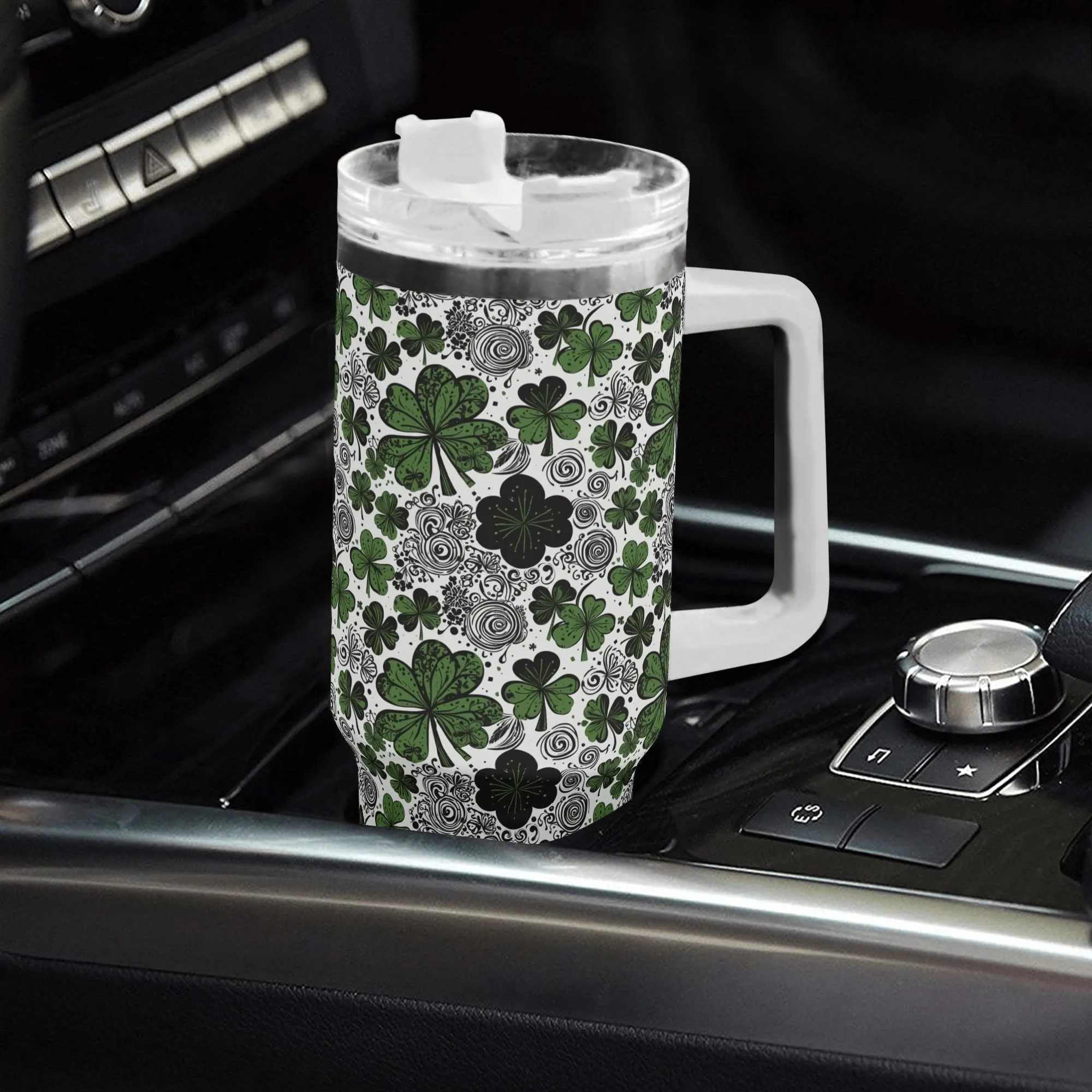 Scribbled Clover 40oz Stainless Steel Tumbler Gift With White Handle and Straw