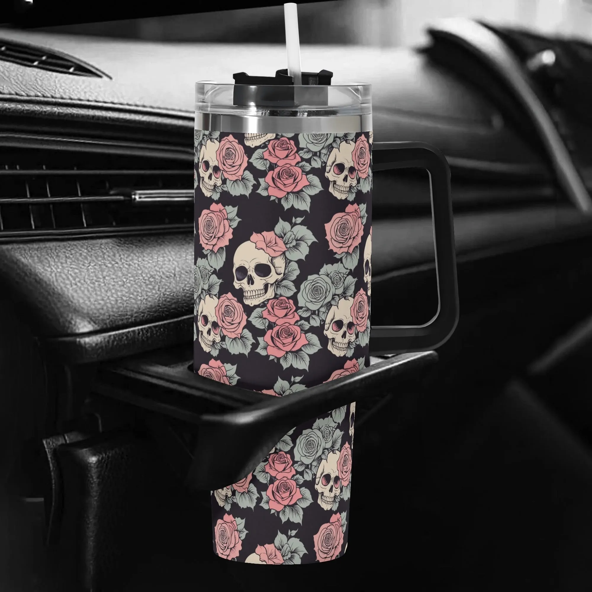 Skull and Pink Rose 40oz Stainless Steel Tumbler Gift With Black Handle and Straw