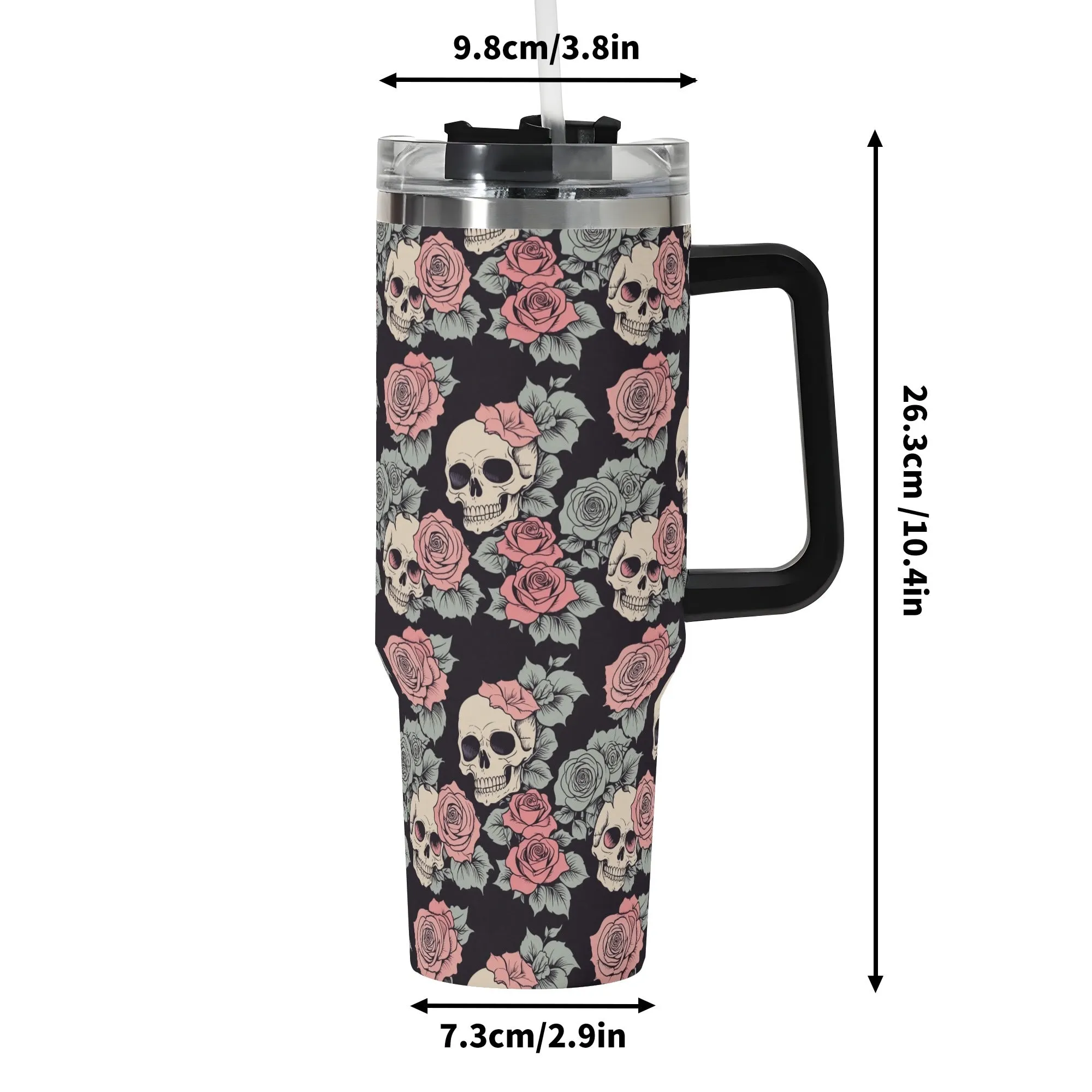 Skull and Pink Rose 40oz Stainless Steel Tumbler Gift With Black Handle and Straw