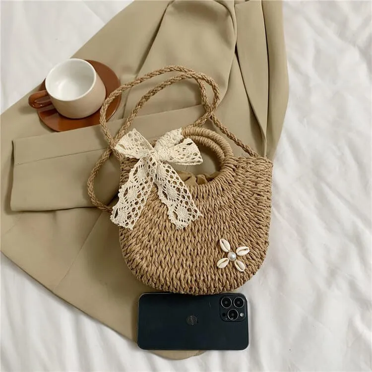 Small Round Womens Straw Beach Bag -Showtown