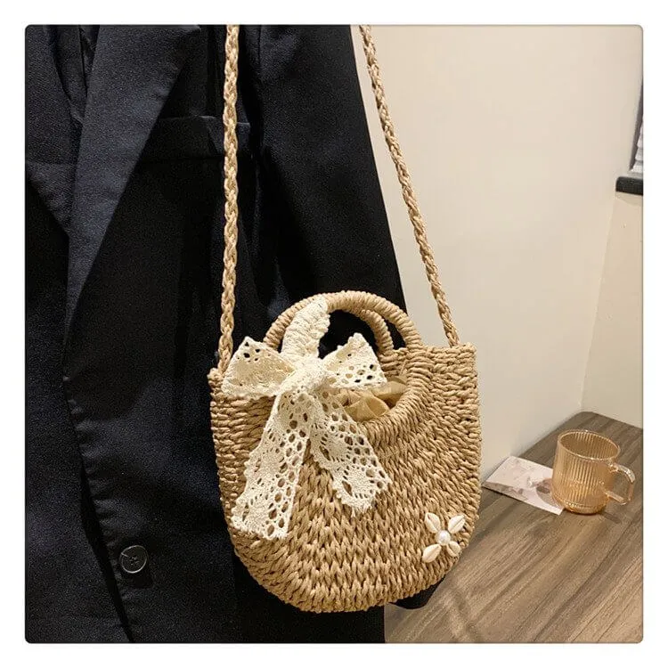 Small Round Womens Straw Beach Bag -Showtown