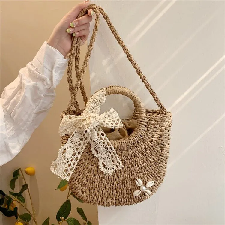 Small Round Womens Straw Beach Bag -Showtown