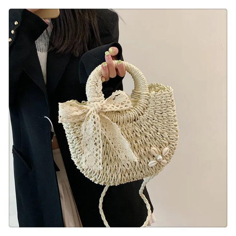 Small Round Womens Straw Beach Bag -Showtown