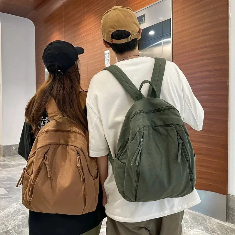 Sohiwoo American Style Cool Canvas Backpack Women Solid Color Unisex High Capacity Student College Backpack Girl Boy Travel BookBag
