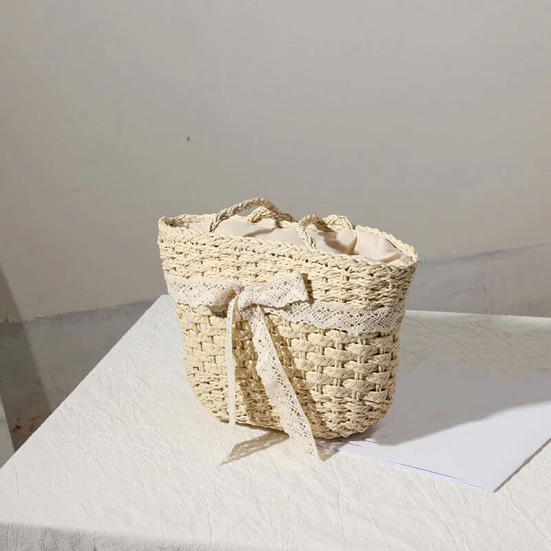 Straw Bag Basket with Lace Bow-Showtown