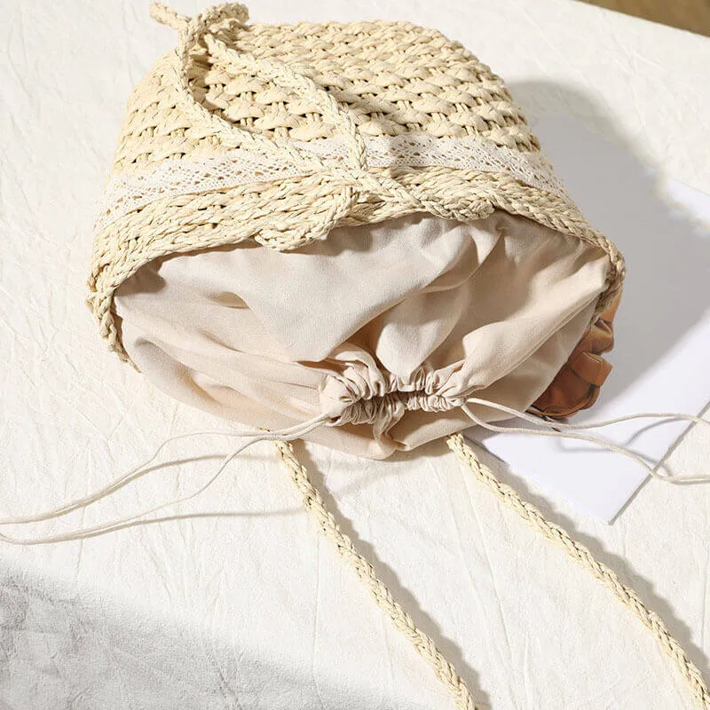 Straw Bag Basket with Lace Bow-Showtown