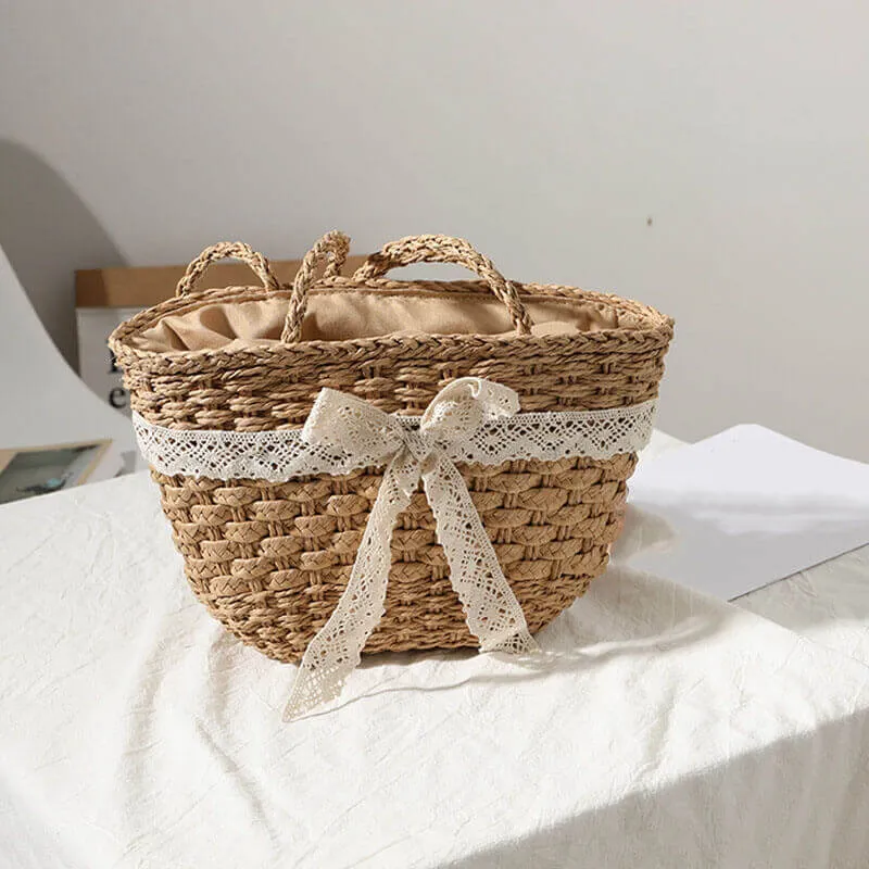 Straw Bag Basket with Lace Bow-Showtown
