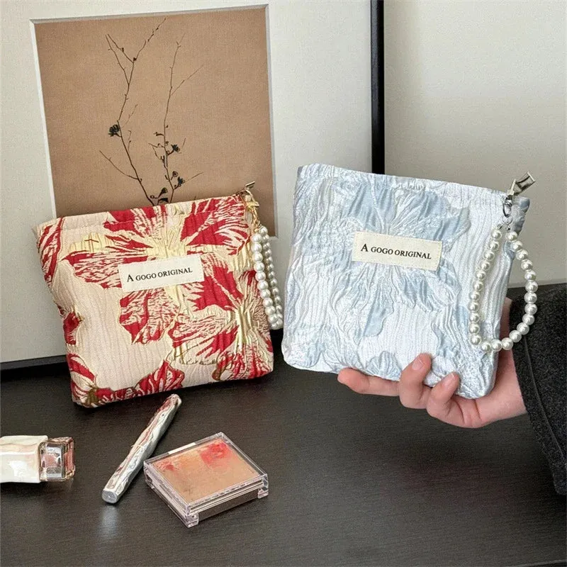 UAKISS  -  1 Piece Mini Portable Floral Makeup Case with Lanyard Fashion Exquisite Flower Small Makeup Bags for Women Lipstick Mirror Bag