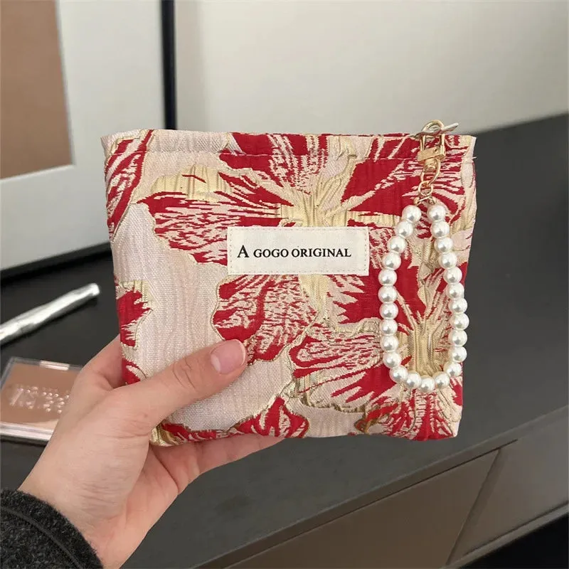 UAKISS  -  1 Piece Mini Portable Floral Makeup Case with Lanyard Fashion Exquisite Flower Small Makeup Bags for Women Lipstick Mirror Bag