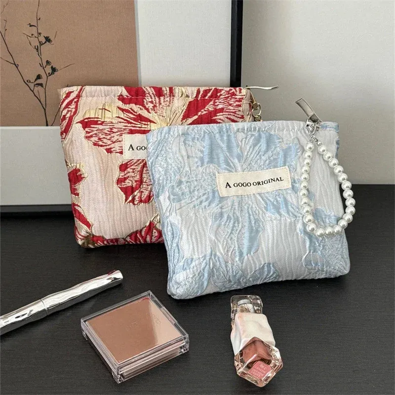 UAKISS  -  1 Piece Mini Portable Floral Makeup Case with Lanyard Fashion Exquisite Flower Small Makeup Bags for Women Lipstick Mirror Bag
