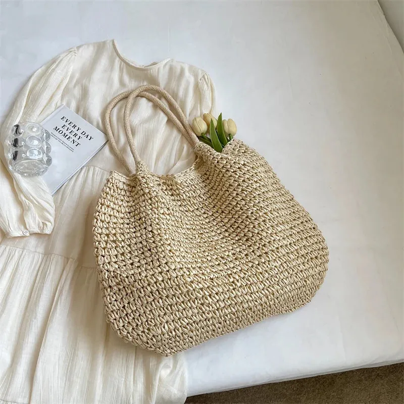 UAKISS  -  Big Straw Underarm Bags for Women 2024 Simple Korean Fashion Summer Shoulder Bags Lady Travel Handbags Female Weave Beach Bag