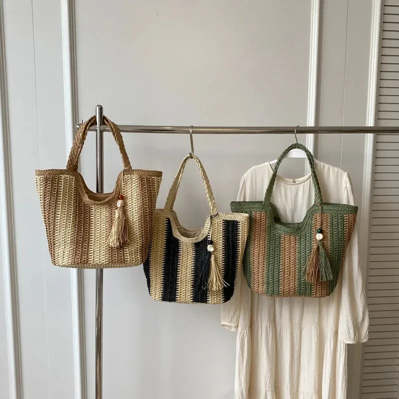 UAKISS  -  Big Stripe Design Straw Shoulder Bags for Women 2024 Y2K Korean Fashion Summer Tote Bags Travel Handbags Lady Beach Bag