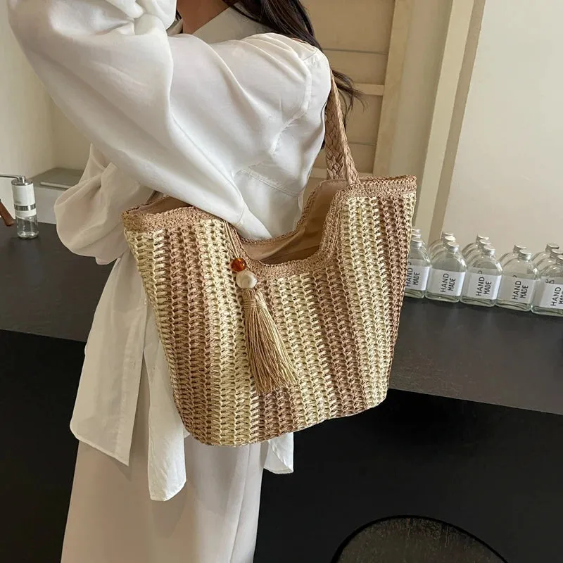 UAKISS  -  Big Stripe Design Straw Shoulder Bags for Women 2024 Y2K Korean Fashion Summer Tote Bags Travel Handbags Lady Beach Bag