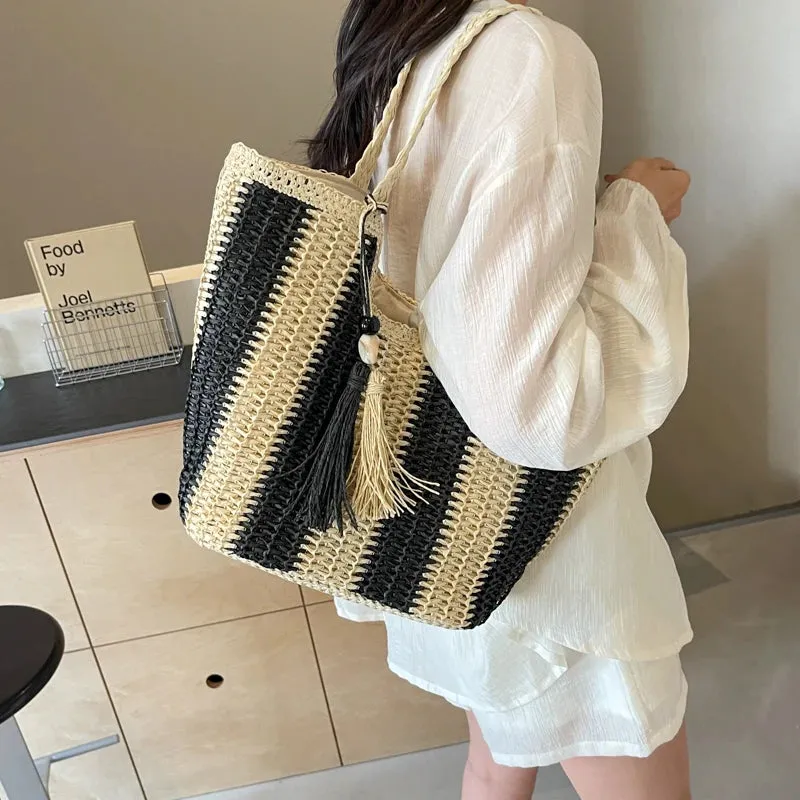 UAKISS  -  Big Stripe Design Straw Shoulder Bags for Women 2024 Y2K Korean Fashion Summer Tote Bags Travel Handbags Lady Beach Bag