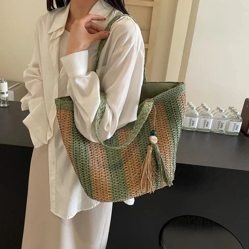 UAKISS  -  Big Stripe Design Straw Shoulder Bags for Women 2024 Y2K Korean Fashion Summer Tote Bags Travel Handbags Lady Beach Bag