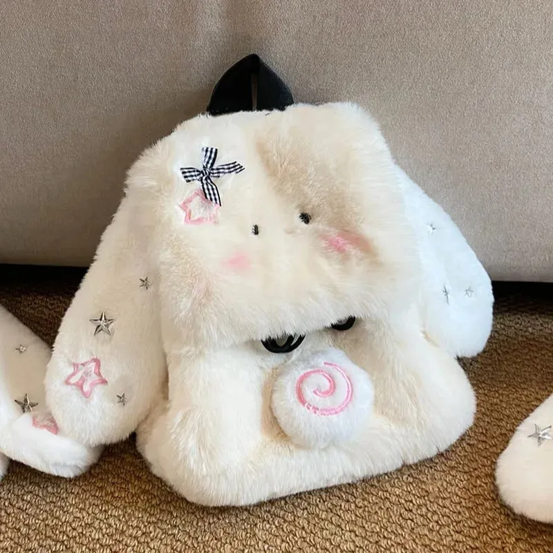 Uakiss Cute Womens Backpack Bunny Plush White Y2k Fashion Vintage Small Backpacks Original Harajuku Fluffy Casual Female New Bag