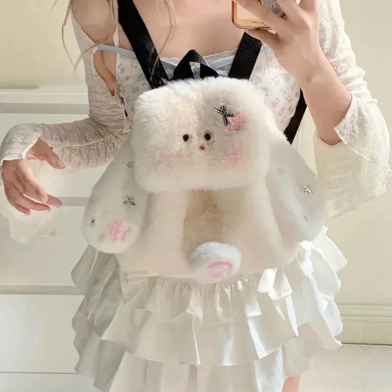 Uakiss Cute Womens Backpack Bunny Plush White Y2k Fashion Vintage Small Backpacks Original Harajuku Fluffy Casual Female New Bag
