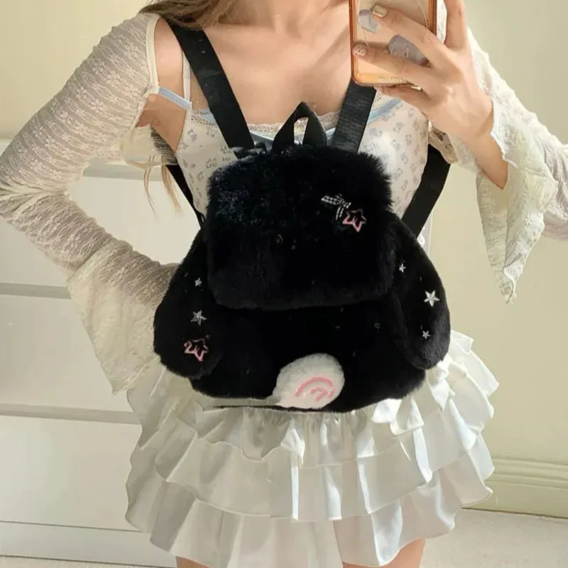 Uakiss Cute Womens Backpack Bunny Plush White Y2k Fashion Vintage Small Backpacks Original Harajuku Fluffy Casual Female New Bag