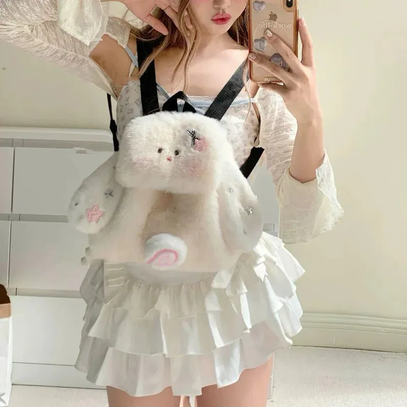 Uakiss Cute Womens Backpack Bunny Plush White Y2k Fashion Vintage Small Backpacks Original Harajuku Fluffy Casual Female New Bag