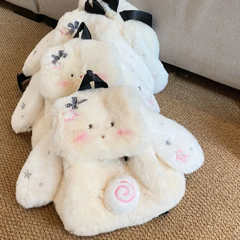 Uakiss Cute Womens Backpack Bunny Plush White Y2k Fashion Vintage Small Backpacks Original Harajuku Fluffy Casual Female New Bag