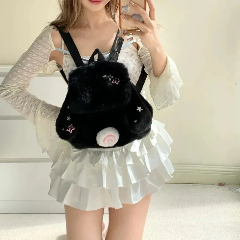 Uakiss Cute Womens Backpack Bunny Plush White Y2k Fashion Vintage Small Backpacks Original Harajuku Fluffy Casual Female New Bag