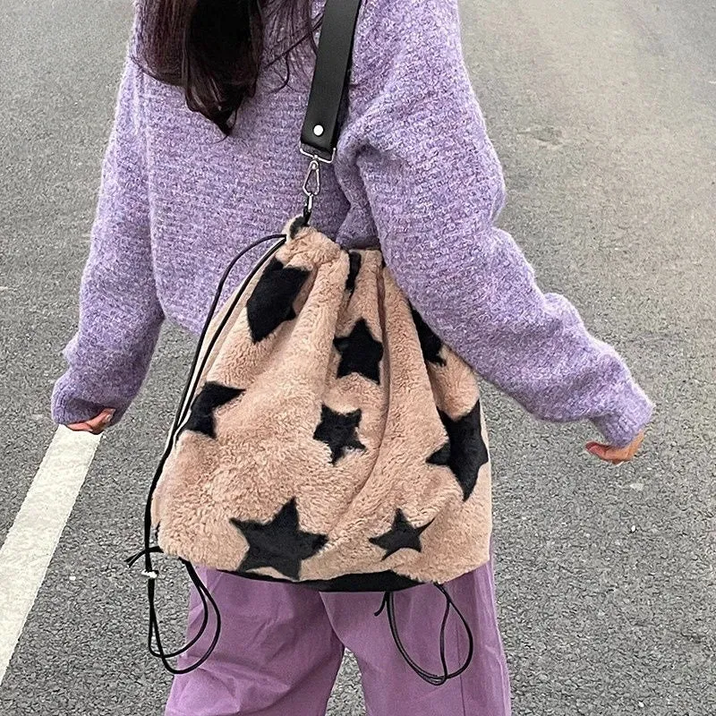 UAKISS  -  Fluffy Black Star Drawstring Backpack Niche and Versatile Large Capacity Single Shoulder Bag Fashion Backpacks for Girl