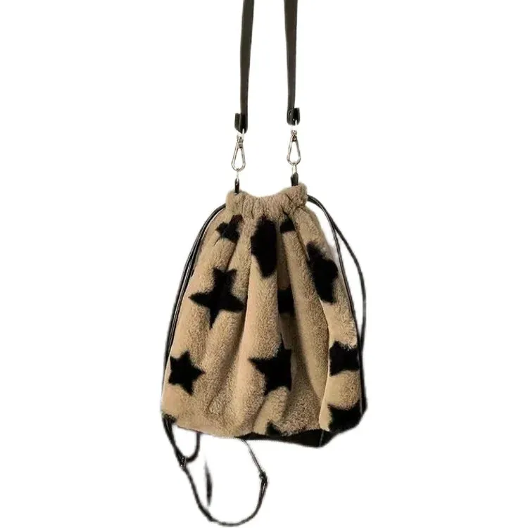 UAKISS  -  Fluffy Black Star Drawstring Backpack Niche and Versatile Large Capacity Single Shoulder Bag Fashion Backpacks for Girl