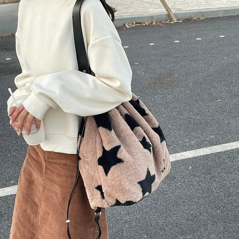 UAKISS  -  Fluffy Black Star Drawstring Backpack Niche and Versatile Large Capacity Single Shoulder Bag Fashion Backpacks for Girl
