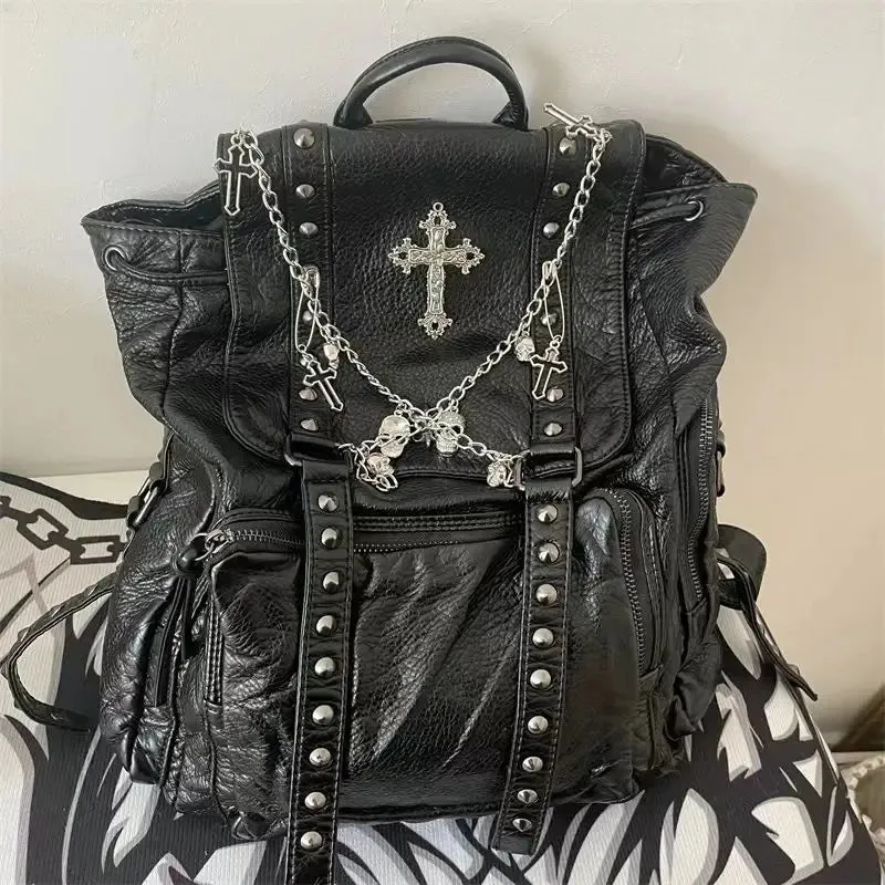 UAKISS  -  Goth Y2k Backpacks for Women Black Punk Rivet Chain School Students Bag Pu Leather Cross Skeleton Fashion Female Backpacks