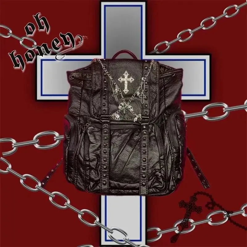 UAKISS  -  Goth Y2k Backpacks for Women Black Punk Rivet Chain School Students Bag Pu Leather Cross Skeleton Fashion Female Backpacks
