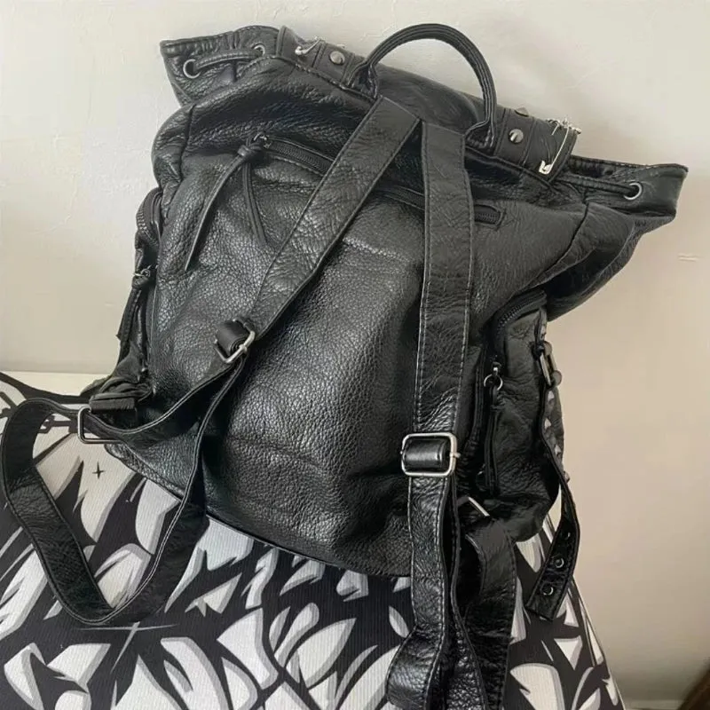UAKISS  -  Goth Y2k Backpacks for Women Black Punk Rivet Chain School Students Bag Pu Leather Cross Skeleton Fashion Female Backpacks