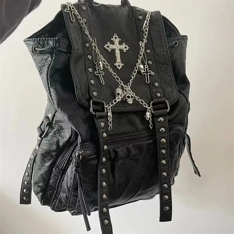 UAKISS  -  Goth Y2k Backpacks for Women Black Punk Rivet Chain School Students Bag Pu Leather Cross Skeleton Fashion Female Backpacks