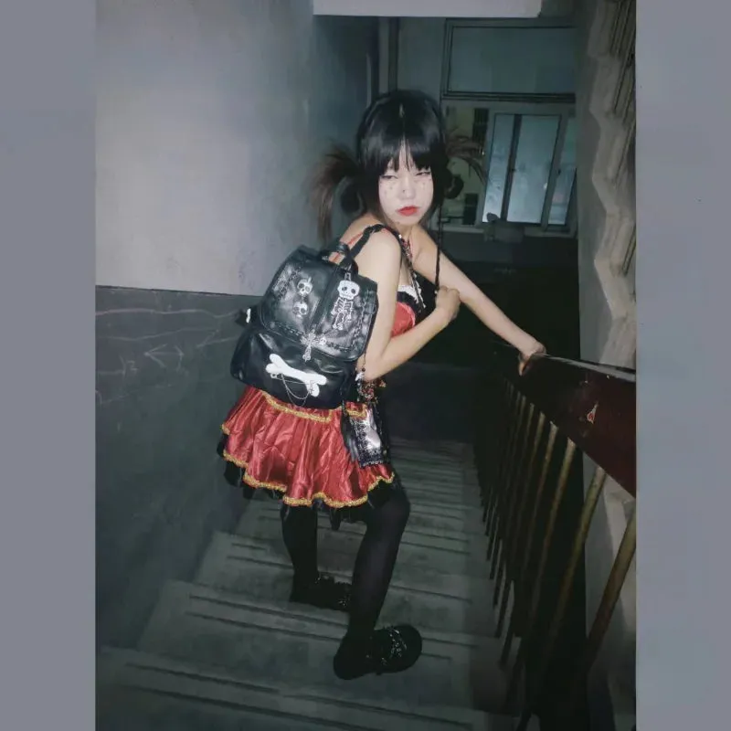 Uakiss Gothic Y2k Backpacks for Women Vintage Black Skeleton Cross Hip Hop Backpack Aesthetic Fashion Pu Leather Luxury Female Bag
