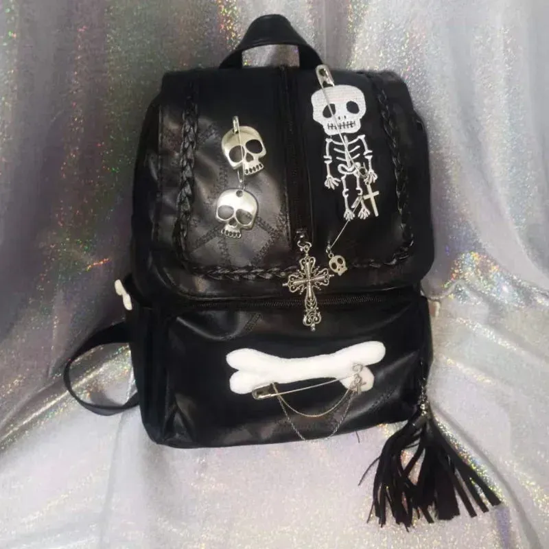 Uakiss Gothic Y2k Backpacks for Women Vintage Black Skeleton Cross Hip Hop Backpack Aesthetic Fashion Pu Leather Luxury Female Bag