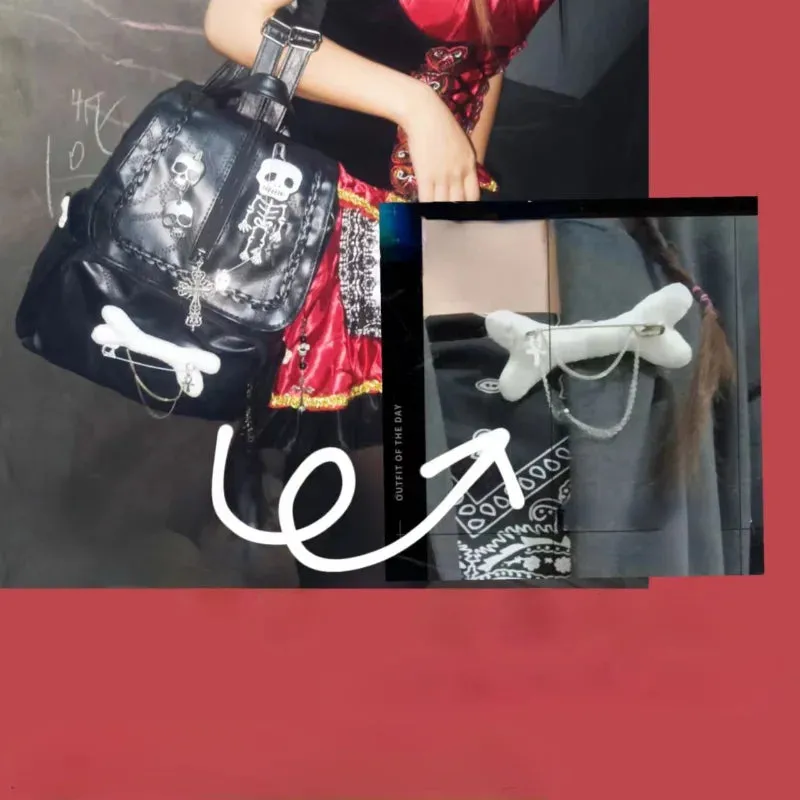 Uakiss Gothic Y2k Backpacks for Women Vintage Black Skeleton Cross Hip Hop Backpack Aesthetic Fashion Pu Leather Luxury Female Bag