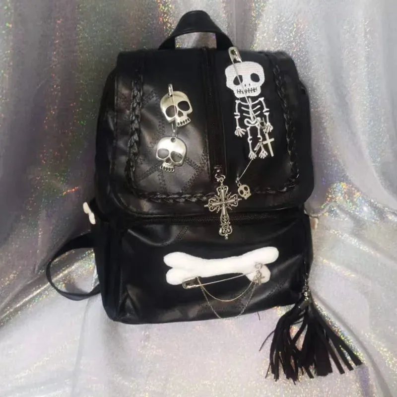 Uakiss Gothic Y2k Backpacks for Women Vintage Black Skeleton Cross Hip Hop Backpack Aesthetic Fashion Pu Leather Luxury Female Bag