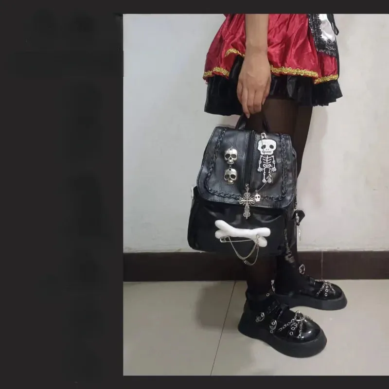 Uakiss Gothic Y2k Backpacks for Women Vintage Black Skeleton Cross Hip Hop Backpack Aesthetic Fashion Pu Leather Luxury Female Bag