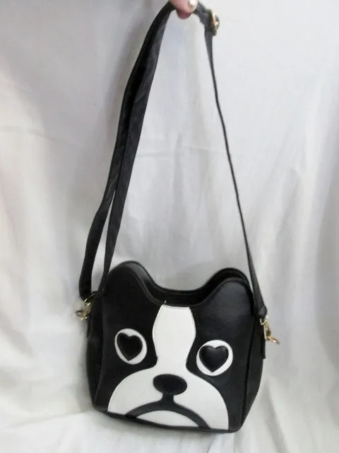 Vegan BULLDOG DOG PUP Hobo Shoulder Bag Crossbody Purse BLACK WHITE