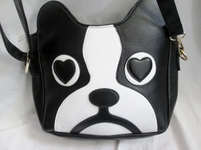 Vegan BULLDOG DOG PUP Hobo Shoulder Bag Crossbody Purse BLACK WHITE