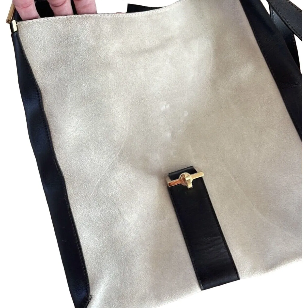 Vintage, Tom Ford era, Gucci, ivory suede & black leather, Jackie hobo shoulder bag with gold hardware