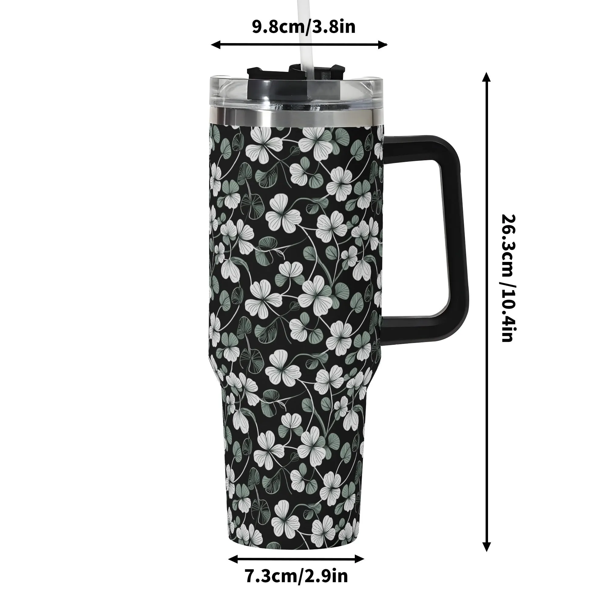 White and Green Clover 40oz Stainless Steel Tumbler Gift With Black Handle and Straw