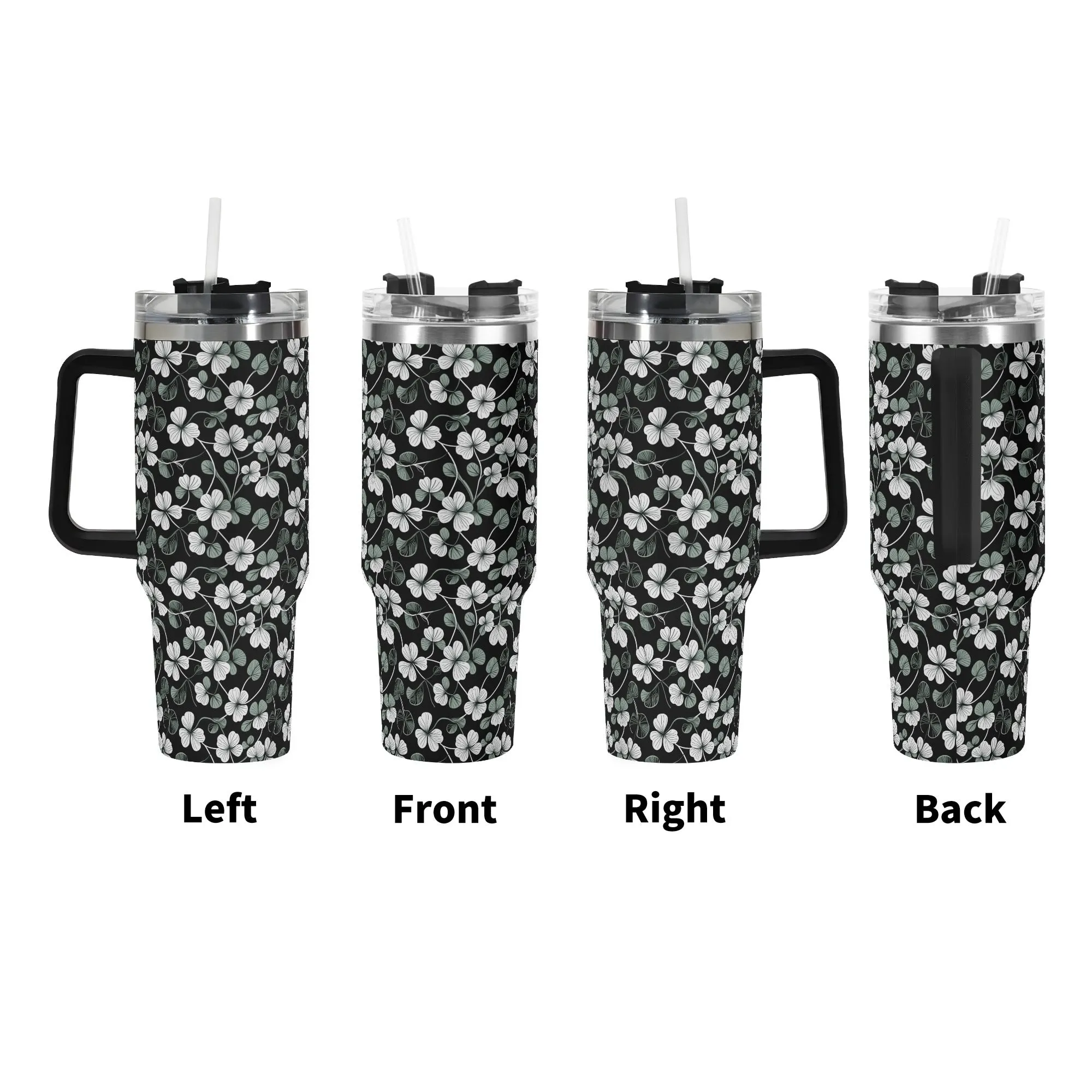 White and Green Clover 40oz Stainless Steel Tumbler Gift With Black Handle and Straw